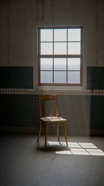 Boş fayanslı odada, dramatik güneş ışığı ve gölgeli 3 boyutlu ahşap sandalye. İç tasarım, mimari görselleştirme ve minimalist kavram sahneleri için ideal.