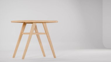 Üç boyutlu modern bistro yemek seti ahşap masa ve yastıklı kumaş sandalyeler. Mobilya katalogları, iç tasarım görselleştirme, ürün gösterimi ve çağdaş dekor kavramları için mükemmel.