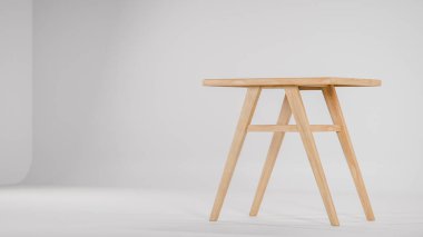 Üç boyutlu modern bistro yemek seti ahşap masa ve yastıklı kumaş sandalyeler. Mobilya katalogları, iç tasarım görselleştirme, ürün gösterimi ve çağdaş dekor kavramları için mükemmel.