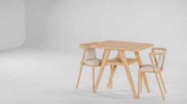 Üç boyutlu modern bistro yemek seti ahşap masa ve yastıklı kumaş sandalyeler. Mobilya katalogları, iç tasarım görselleştirme, ürün gösterimi ve çağdaş dekor kavramları için mükemmel.