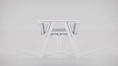 Üç boyutlu modern bistro yemek seti ahşap masa ve yastıklı kumaş sandalyeler. Mobilya katalogları, iç tasarım görselleştirme, ürün gösterimi ve çağdaş dekor kavramları için mükemmel.