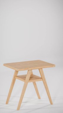 Üç boyutlu modern bistro yemek seti ahşap masa ve yastıklı kumaş sandalyeler. Mobilya katalogları, iç tasarım görselleştirme, ürün gösterimi ve çağdaş dekor kavramları için mükemmel.