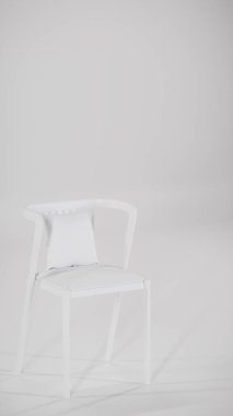 Üç boyutlu modern bistro yemek seti ahşap masa ve yastıklı kumaş sandalyeler. Mobilya katalogları, iç tasarım görselleştirme, ürün gösterimi ve çağdaş dekor kavramları için mükemmel.