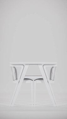 Üç boyutlu modern bistro yemek seti ahşap masa ve yastıklı kumaş sandalyeler. Mobilya katalogları, iç tasarım görselleştirme, ürün gösterimi ve çağdaş dekor kavramları için mükemmel.