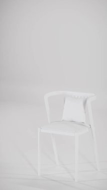 Üç boyutlu modern bistro yemek seti ahşap masa ve yastıklı kumaş sandalyeler. Mobilya katalogları, iç tasarım görselleştirme, ürün gösterimi ve çağdaş dekor kavramları için mükemmel.