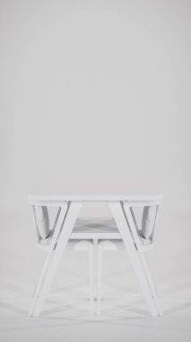 Üç boyutlu modern bistro yemek seti ahşap masa ve yastıklı kumaş sandalyeler. Mobilya katalogları, iç tasarım görselleştirme, ürün gösterimi ve çağdaş dekor kavramları için mükemmel.