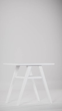 Üç boyutlu modern bistro yemek seti ahşap masa ve yastıklı kumaş sandalyeler. Mobilya katalogları, iç tasarım görselleştirme, ürün gösterimi ve çağdaş dekor kavramları için mükemmel.