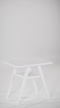 Üç boyutlu modern bistro yemek seti ahşap masa ve yastıklı kumaş sandalyeler. Mobilya katalogları, iç tasarım görselleştirme, ürün gösterimi ve çağdaş dekor kavramları için mükemmel.