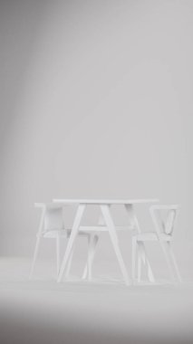 Üç boyutlu modern bistro yemek seti ahşap masa ve yastıklı kumaş sandalyeler. Mobilya katalogları, iç tasarım görselleştirme, ürün gösterimi ve çağdaş dekor kavramları için mükemmel.