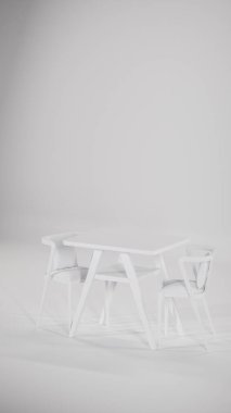 Üç boyutlu modern bistro yemek seti ahşap masa ve yastıklı kumaş sandalyeler. Mobilya katalogları, iç tasarım görselleştirme, ürün gösterimi ve çağdaş dekor kavramları için mükemmel.