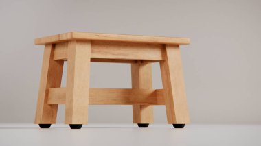 Üç boyutlu tahta tabure, açılı bacaklar ve destek kirişleri. Mobilya katalogları, ürün görselleştirme, iç tasarım ve minimalist dekor sunumları için mükemmel.