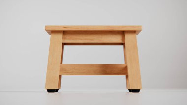 Üç boyutlu tahta tabure, açılı bacaklar ve destek kirişleri. Mobilya katalogları, ürün görselleştirme, iç tasarım ve minimalist dekor sunumları için mükemmel.