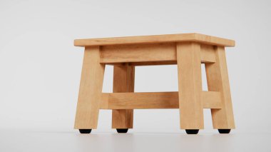 Üç boyutlu tahta tabure, açılı bacaklar ve destek kirişleri. Mobilya katalogları, ürün görselleştirme, iç tasarım ve minimalist dekor sunumları için mükemmel.