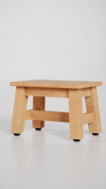 Üç boyutlu tahta tabure, açılı bacaklar ve destek kirişleri. Mobilya katalogları, ürün görselleştirme, iç tasarım ve minimalist dekor sunumları için mükemmel.