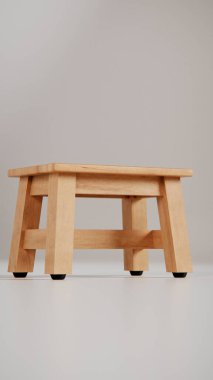 Üç boyutlu tahta tabure, açılı bacaklar ve destek kirişleri. Mobilya katalogları, ürün görselleştirme, iç tasarım ve minimalist dekor sunumları için mükemmel.