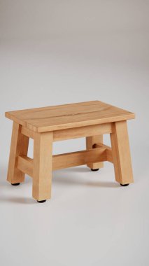 Üç boyutlu tahta tabure, açılı bacaklar ve destek kirişleri. Mobilya katalogları, ürün görselleştirme, iç tasarım ve minimalist dekor sunumları için mükemmel.