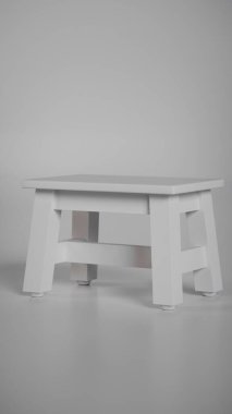 Üç boyutlu minimalist tahta tabure, sağlam çerçeveli ve açılı bacakları var. Mobilya katalogları, ürün görselleştirme, iç tasarım projeleri ve modern dekor sunumları için mükemmel..