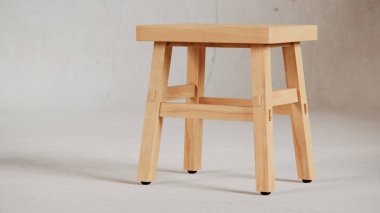 Üç boyutlu minimalist tahta tabure, açılı bacaklar, destek kirişleri ve pürüzsüz bitiş. Mobilya katalogları, ürün görselleştirme, iç tasarım projeleri ve modern dekor sunumları için mükemmel..