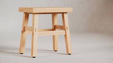 Üç boyutlu minimalist tahta tabure, açılı bacaklar, destek kirişleri ve pürüzsüz bitiş. Mobilya katalogları, ürün görselleştirme, iç tasarım projeleri ve modern dekor sunumları için mükemmel..