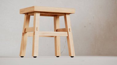 Üç boyutlu minimalist tahta tabure, açılı bacaklar, destek kirişleri ve pürüzsüz bitiş. Mobilya katalogları, ürün görselleştirme, iç tasarım projeleri ve modern dekor sunumları için mükemmel..