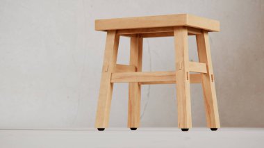 Üç boyutlu minimalist tahta tabure, açılı bacaklar, destek kirişleri ve pürüzsüz bitiş. Mobilya katalogları, ürün görselleştirme, iç tasarım projeleri ve modern dekor sunumları için mükemmel..