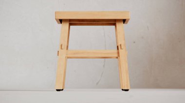 Üç boyutlu minimalist tahta tabure, açılı bacaklar, destek kirişleri ve pürüzsüz bitiş. Mobilya katalogları, ürün görselleştirme, iç tasarım projeleri ve modern dekor sunumları için mükemmel..