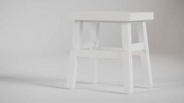 Üç boyutlu minimalist tahta tabure, açılı bacaklar, destek kirişleri ve pürüzsüz bitiş. Mobilya katalogları, ürün görselleştirme, iç tasarım projeleri ve modern dekor sunumları için mükemmel..