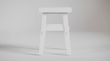 Üç boyutlu minimalist tahta tabure, açılı bacaklar, destek kirişleri ve pürüzsüz bitiş. Mobilya katalogları, ürün görselleştirme, iç tasarım projeleri ve modern dekor sunumları için mükemmel..