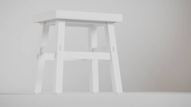 Üç boyutlu minimalist tahta tabure, açılı bacaklar, destek kirişleri ve pürüzsüz bitiş. Mobilya katalogları, ürün görselleştirme, iç tasarım projeleri ve modern dekor sunumları için mükemmel..