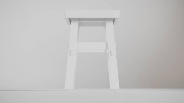 Üç boyutlu minimalist tahta tabure, açılı bacaklar, destek kirişleri ve pürüzsüz bitiş. Mobilya katalogları, ürün görselleştirme, iç tasarım projeleri ve modern dekor sunumları için mükemmel..