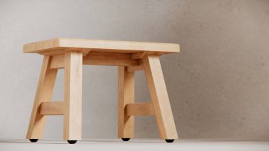 Sağlam tahta tabure, açılı bacaklar, destek kirişleri ve pürüzsüz bitiş. Mobilya katalogları, ürün görselleştirme, iç tasarım projeleri ve minimalist dekor sunumları için ideal.