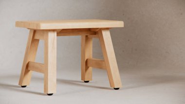 Sağlam tahta tabure, açılı bacaklar, destek kirişleri ve pürüzsüz bitiş. Mobilya katalogları, ürün görselleştirme, iç tasarım projeleri ve minimalist dekor sunumları için ideal.