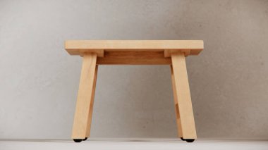 Sağlam tahta tabure, açılı bacaklar, destek kirişleri ve pürüzsüz bitiş. Mobilya katalogları, ürün görselleştirme, iç tasarım projeleri ve minimalist dekor sunumları için ideal.