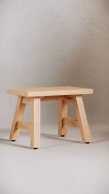 Sağlam tahta tabure, açılı bacaklar, destek kirişleri ve pürüzsüz bitiş. Mobilya katalogları, ürün görselleştirme, iç tasarım projeleri ve minimalist dekor sunumları için ideal.