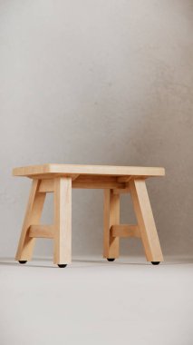 Sağlam tahta tabure, açılı bacaklar, destek kirişleri ve pürüzsüz bitiş. Mobilya katalogları, ürün görselleştirme, iç tasarım projeleri ve minimalist dekor sunumları için ideal.