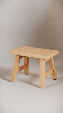 Sağlam tahta tabure, açılı bacaklar, destek kirişleri ve pürüzsüz bitiş. Mobilya katalogları, ürün görselleştirme, iç tasarım projeleri ve minimalist dekor sunumları için ideal.