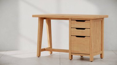 Üç çekmecesi ve temiz çizgileri olan küçük tahta bir masa. Mobilya katalogları, ürün görselleştirme, iç tasarım projeleri ve modern çalışma alanı dekorasyon sunumları için mükemmel..