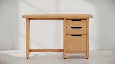 Üç çekmecesi ve temiz çizgileri olan küçük tahta bir masa. Mobilya katalogları, ürün görselleştirme, iç tasarım projeleri ve modern çalışma alanı dekorasyon sunumları için mükemmel..