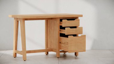 Üç çekmecesi ve temiz çizgileri olan küçük tahta bir masa. Mobilya katalogları, ürün görselleştirme, iç tasarım projeleri ve modern çalışma alanı dekorasyon sunumları için mükemmel..