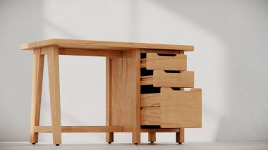 Üç çekmecesi ve temiz çizgileri olan küçük tahta bir masa. Mobilya katalogları, ürün görselleştirme, iç tasarım projeleri ve modern çalışma alanı dekorasyon sunumları için mükemmel..