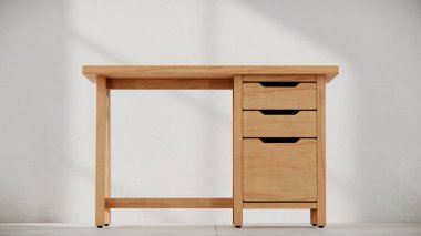 Üç çekmecesi ve temiz çizgileri olan küçük tahta bir masa. Mobilya katalogları, ürün görselleştirme, iç tasarım projeleri ve modern çalışma alanı dekorasyon sunumları için mükemmel..