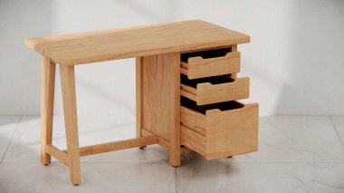 Üç çekmecesi ve temiz çizgileri olan küçük tahta bir masa. Mobilya katalogları, ürün görselleştirme, iç tasarım projeleri ve modern çalışma alanı dekorasyon sunumları için mükemmel..