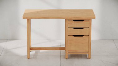 Üç çekmecesi ve temiz çizgileri olan küçük tahta bir masa. Mobilya katalogları, ürün görselleştirme, iç tasarım projeleri ve modern çalışma alanı dekorasyon sunumları için mükemmel..