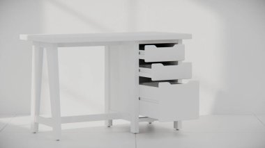 Üç çekmecesi ve temiz çizgileri olan küçük tahta bir masa. Mobilya katalogları, ürün görselleştirme, iç tasarım projeleri ve modern çalışma alanı dekorasyon sunumları için mükemmel..