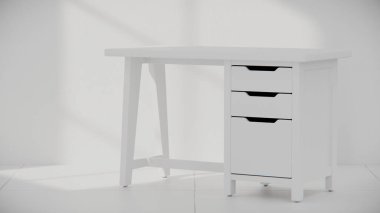Üç çekmecesi ve temiz çizgileri olan küçük tahta bir masa. Mobilya katalogları, ürün görselleştirme, iç tasarım projeleri ve modern çalışma alanı dekorasyon sunumları için mükemmel..
