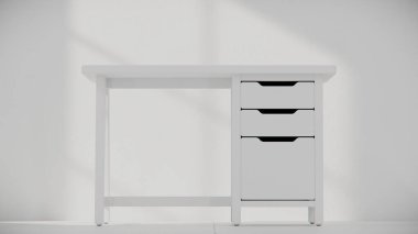 Üç çekmecesi ve temiz çizgileri olan küçük tahta bir masa. Mobilya katalogları, ürün görselleştirme, iç tasarım projeleri ve modern çalışma alanı dekorasyon sunumları için mükemmel..