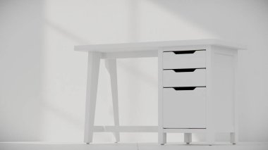 Üç çekmecesi ve temiz çizgileri olan küçük tahta bir masa. Mobilya katalogları, ürün görselleştirme, iç tasarım projeleri ve modern çalışma alanı dekorasyon sunumları için mükemmel..