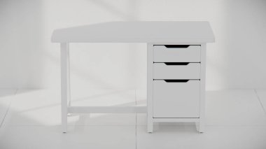 Üç çekmecesi ve temiz çizgileri olan küçük tahta bir masa. Mobilya katalogları, ürün görselleştirme, iç tasarım projeleri ve modern çalışma alanı dekorasyon sunumları için mükemmel..