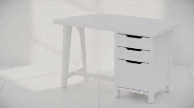 Üç çekmecesi ve temiz çizgileri olan küçük tahta bir masa. Mobilya katalogları, ürün görselleştirme, iç tasarım projeleri ve modern çalışma alanı dekorasyon sunumları için mükemmel..