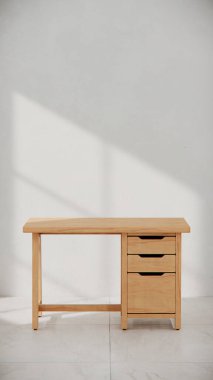 Üç çekmecesi ve temiz çizgileri olan küçük tahta bir masa. Mobilya katalogları, ürün görselleştirme, iç tasarım projeleri ve modern çalışma alanı dekorasyon sunumları için mükemmel..